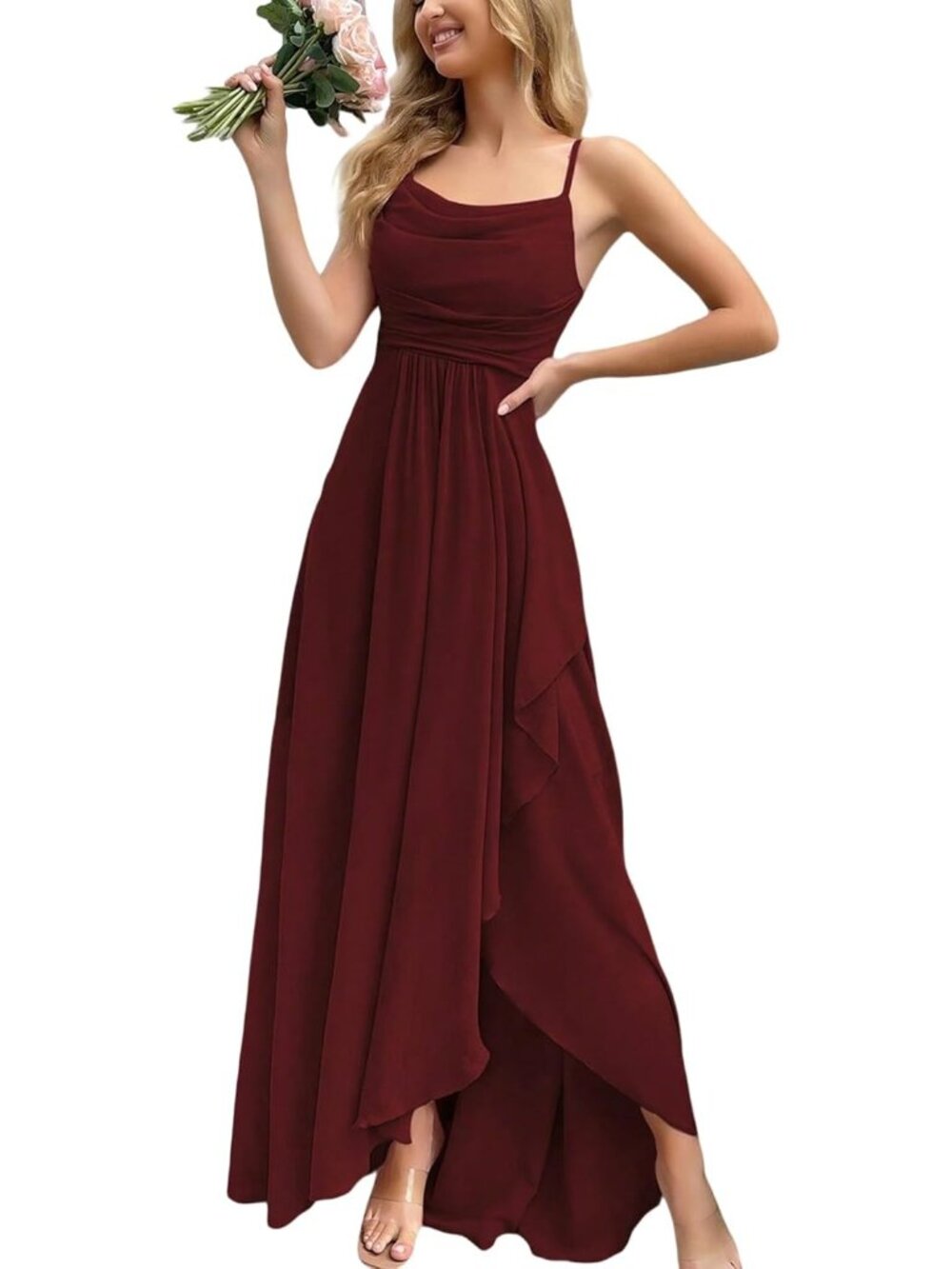 Women's Wine Red Cowl Neck Spaghetti Strap Cocktail Bodycon Maxi Dress